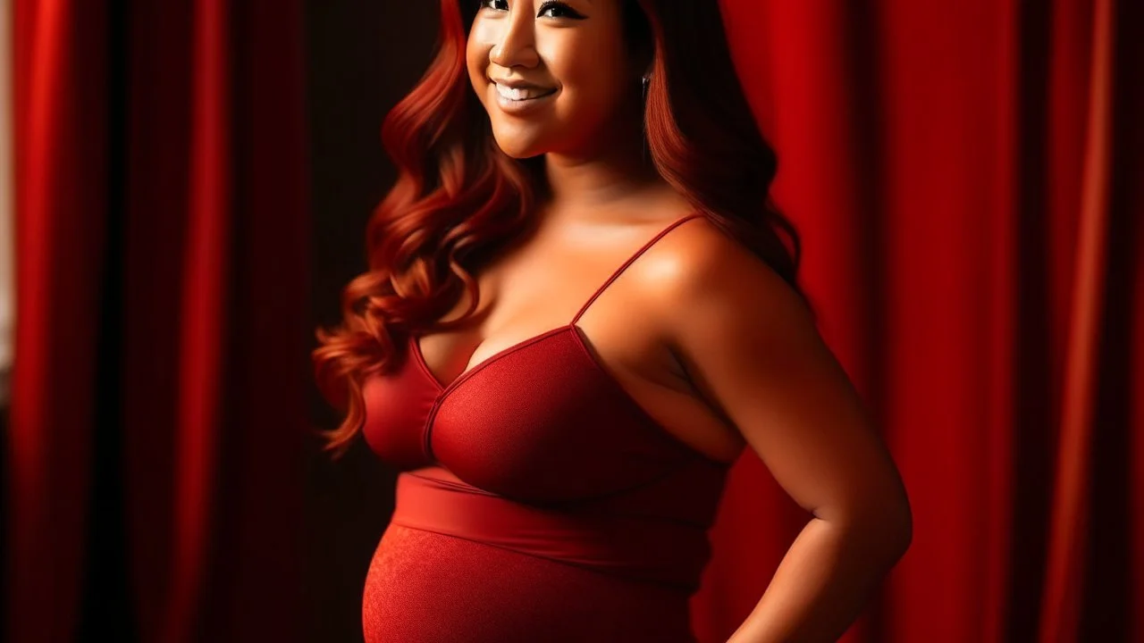 Gina Rodriguez, Curvaceous silhouette, radiant glow, flowing maternity gown, expressive eyes, fiery red tresses, youthful grace, maternal strength, poised posture, harmonious transformation, unexpected beauty, newfound confidence, maternal elegance, tender curves, round belly, symbolic attire, strength in simplicity, teenage motherhood, glowing complexion, transformative journey, captivating presence.