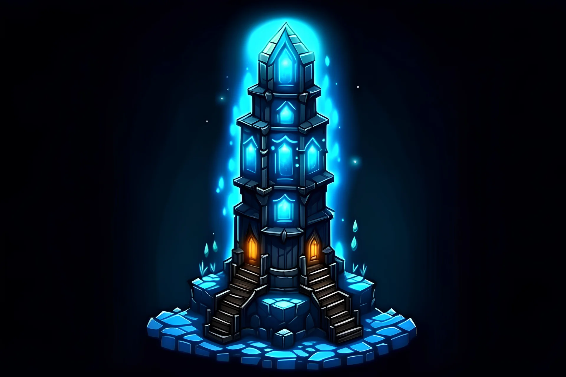 Fantasy Cartoon magic tower with wooden rafters, blue glowing crystals and dark stone covering it