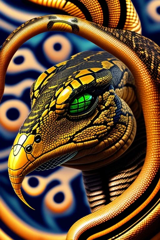 Close up of a Cobra snake ready to strike, head in a flat striking position. Abstract, Stunning and frightening pattern on forehead with staring eyes. Style of steampunk, chaos80, realistic and high quality