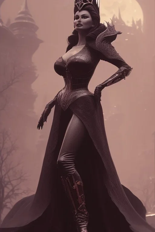 Sophia Loren as evil queen in black leather, cleavage, angry, stern look. character design by cory loftis, fenghua zhong, ryohei hase, ismail inceoglu and ruan jia. unreal engine 5, artistic lighting, highly detailed, photorealistic, fantasy