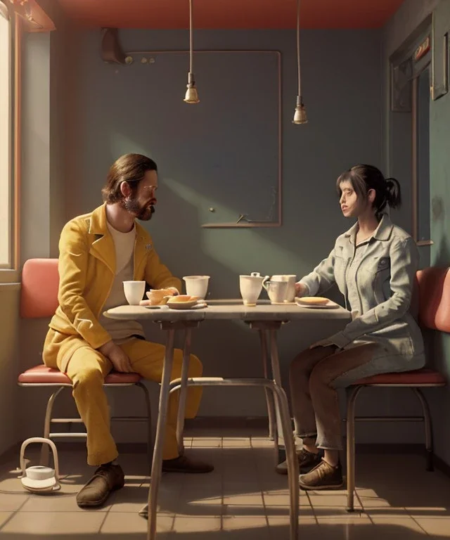 Realistic scene, man and woman sitting in cafeteria and having breakfast levitating, 0 gravity, Wes Anderson, soft color, highly detailed, unreal engine 5, ray tracing, RTX, lumen lighting, ultra detail, volumetric lighting, 3d, finely drawn, high definition, high resolution.