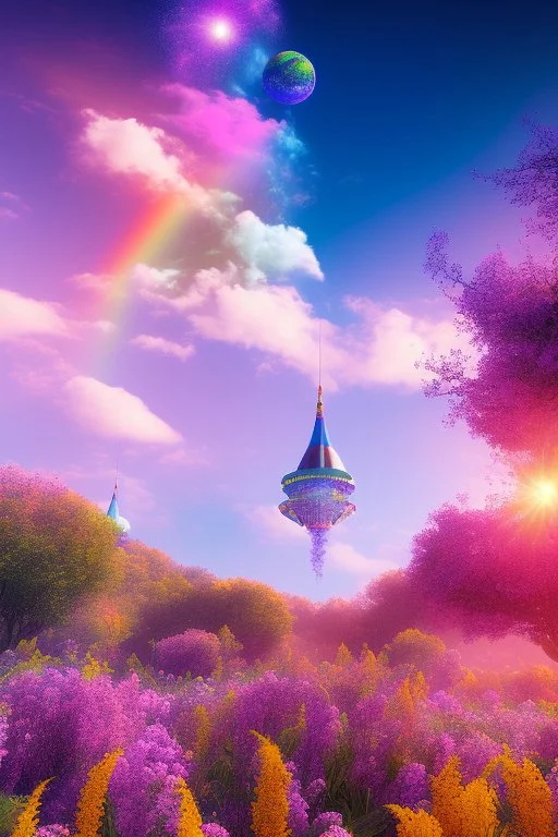 digital illustration, a world full of life divine thrill of biological tranquil sky, flowers, bright color splashes, high detailed 8 k,ufo rainbow