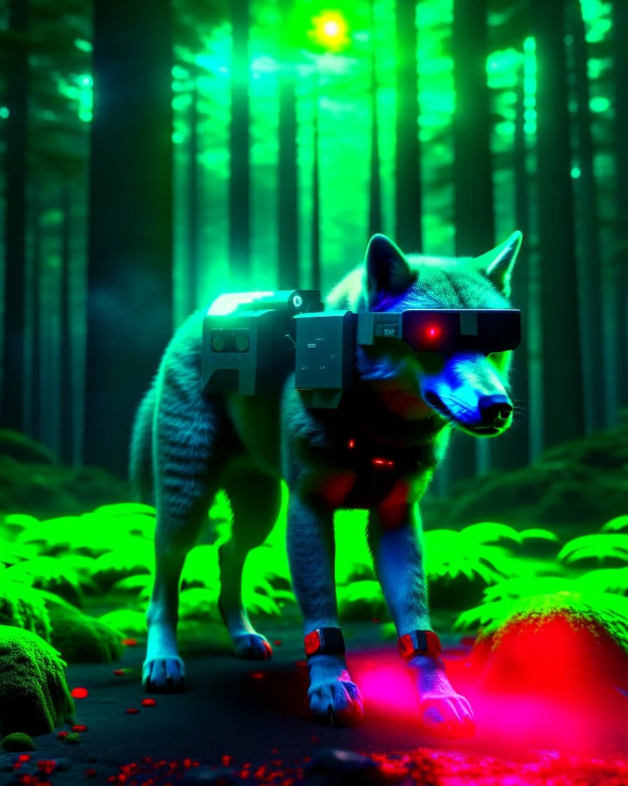 Wolf with futuristic science fiction glasses forest background gray deep red deep green full body hyper-detailed incredible photo-realistic artwork hyper8k