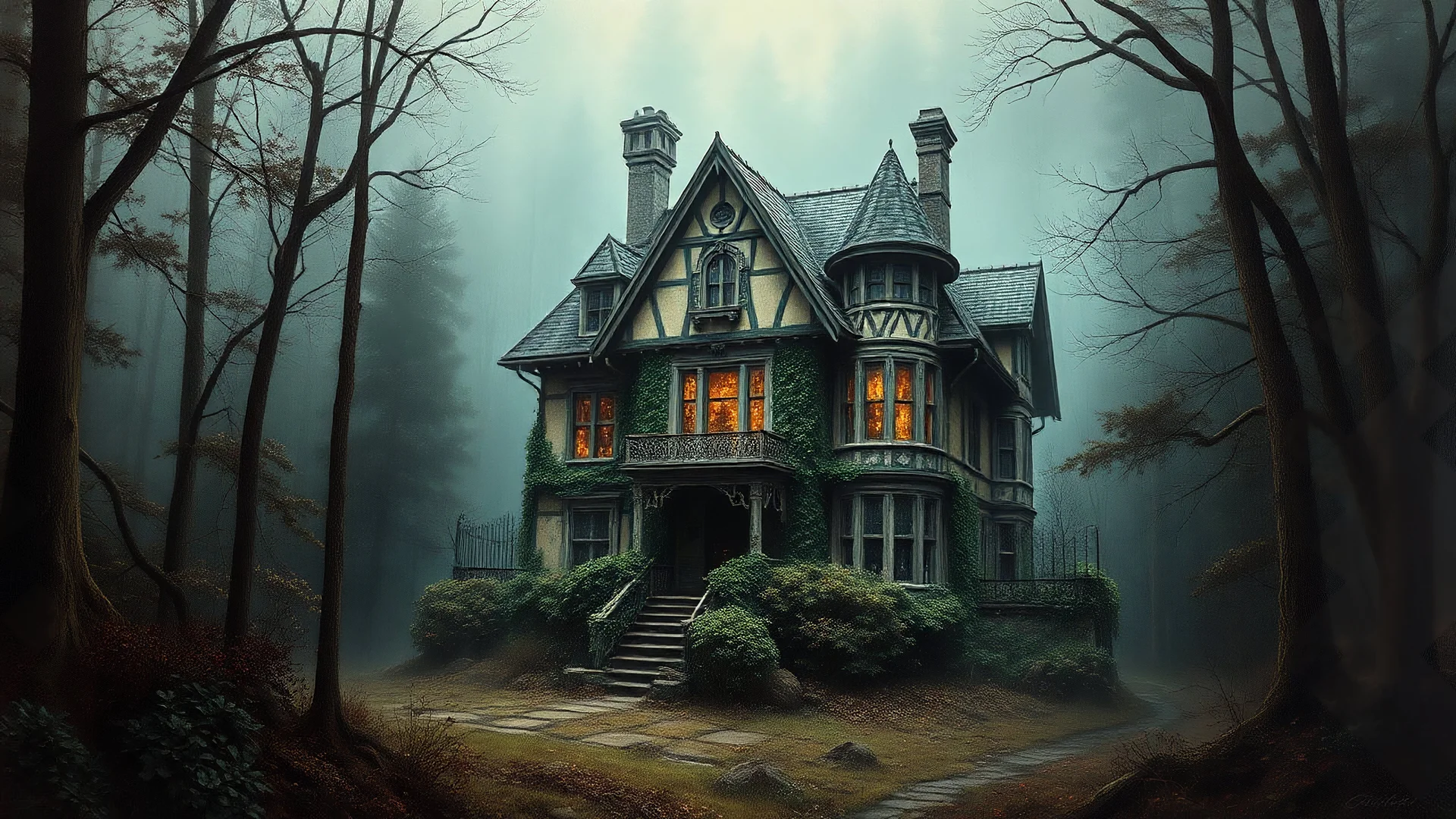 Profound artwork in perfect composition, a painting depicting a picturesque, detailed location, similar to the work of masters such as Josephine Wall or Tomasz Alen Kopera. In the style of Nicole Gustafsson, Mike Campau, Kiko Rodriguez and Jon Foster.Hidden amid misty woods, the Haunted House looms like a relic from a bygone era. Its once magnificent facade is weathered and overgrown with vines, and its windows stare vacantly into the darkness like dead eyes.