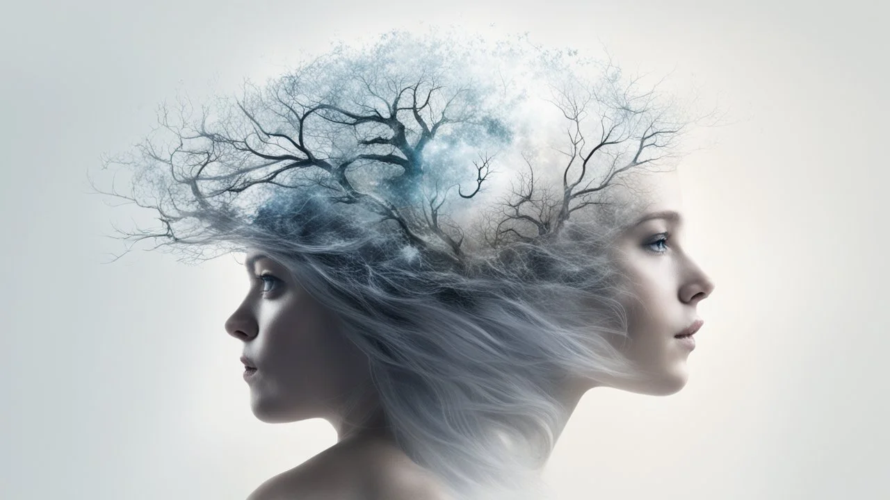 white background, Magic secret on the top of a woman's head, in her hair, double exposure, high resolution, fine rendering, high detail, 3D, lock on the head, fantasy, mysticism,