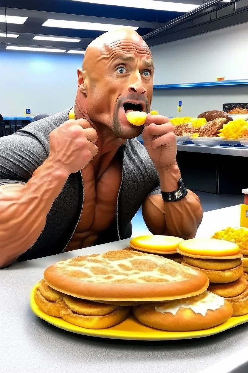 The rock in his wrestling ring, eating donuts