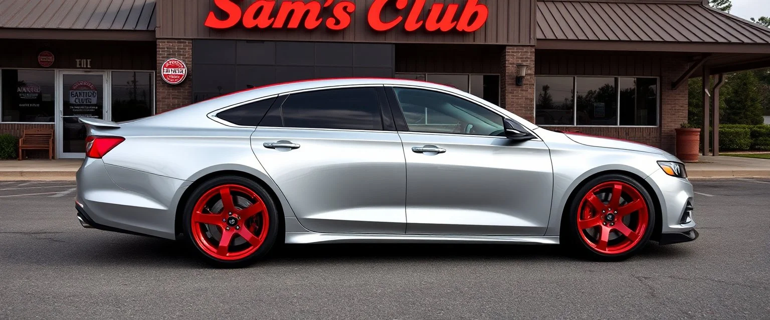 suped up 2024 chevy impala supersport musclecar, silver with red tinted windows and red rims with red wall tires in front of Sam's club, SuperSport car, impressive, VIP, award winning, detailed