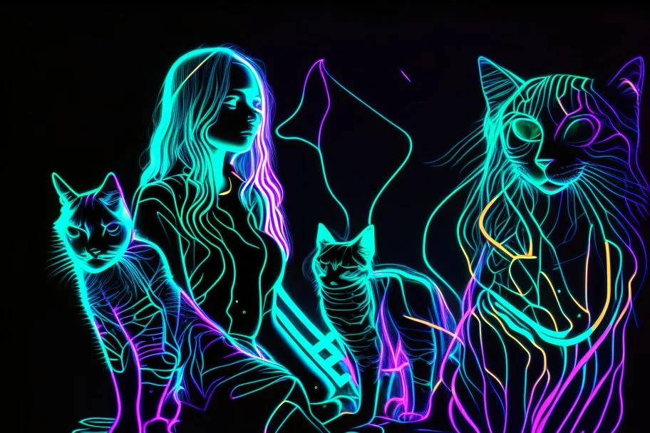 black background, outlines of a holographic girl and cats drawn from thin neon-coloured glowing lines