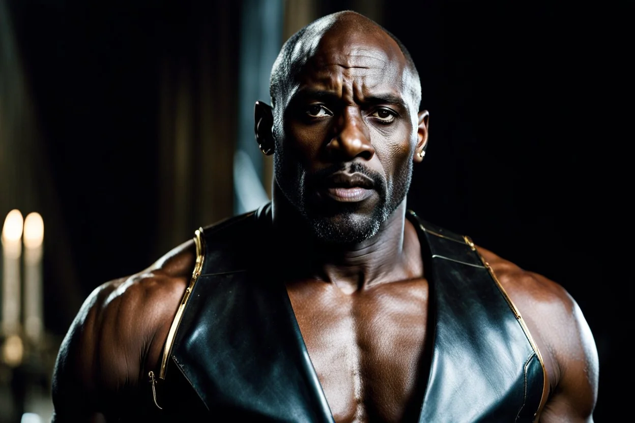 Idris elba x morris cheshunt as a handsome dark skinned and muscular heavy set man with a bald head and neatly trimmed beard. he is wearing a leather waistcoat and no shirt. he has a gold earing in his left ear. he has a dominant expression on his face