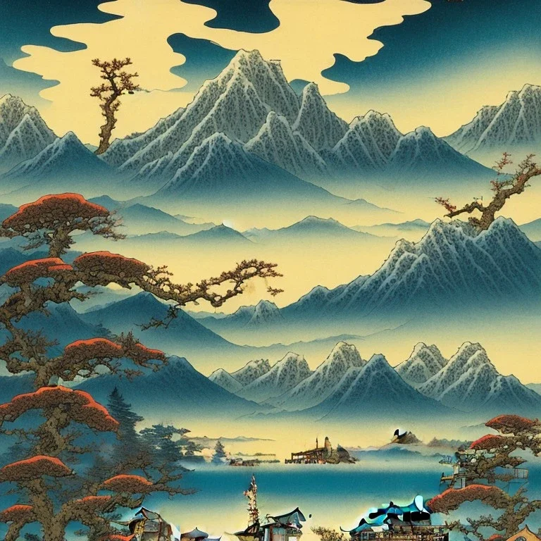 Ukiyo-e, landscape, mountains