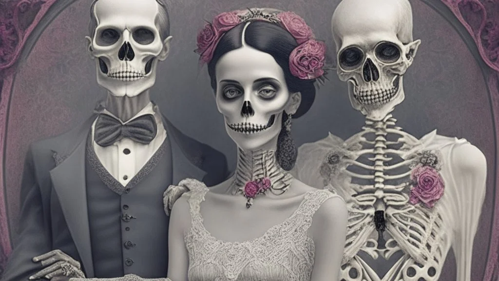 Famous Skeleton Couple Posing together wearing 1920's Hollywood Grandeur; Surreal, Intricately Detailed, Beautiful, Colorful, award-winning, high definition, ultra-detailed, beautiful, rose tones