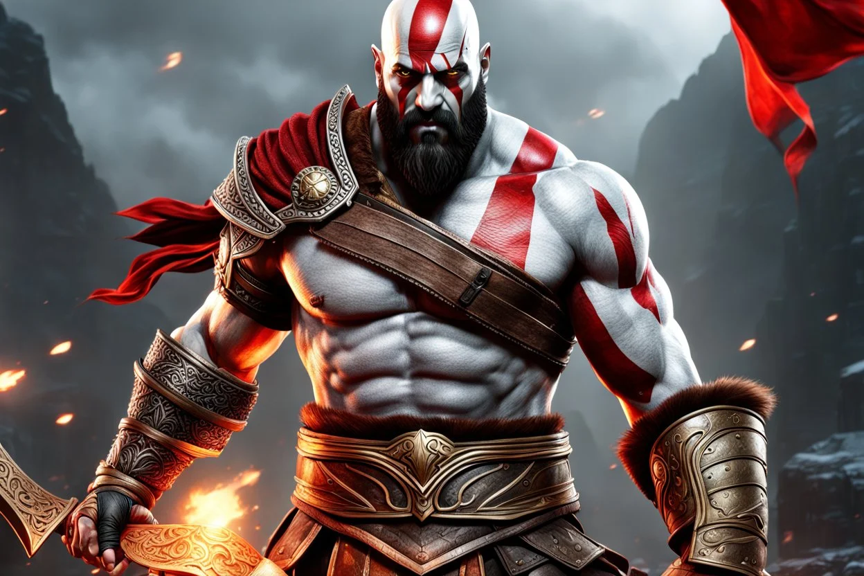 Kratos in 8k sci-art drawing style, ghost of Sparta custom, highly detailed, high details, detailed portrait, masterpiece,ultra detailed, ultra quality