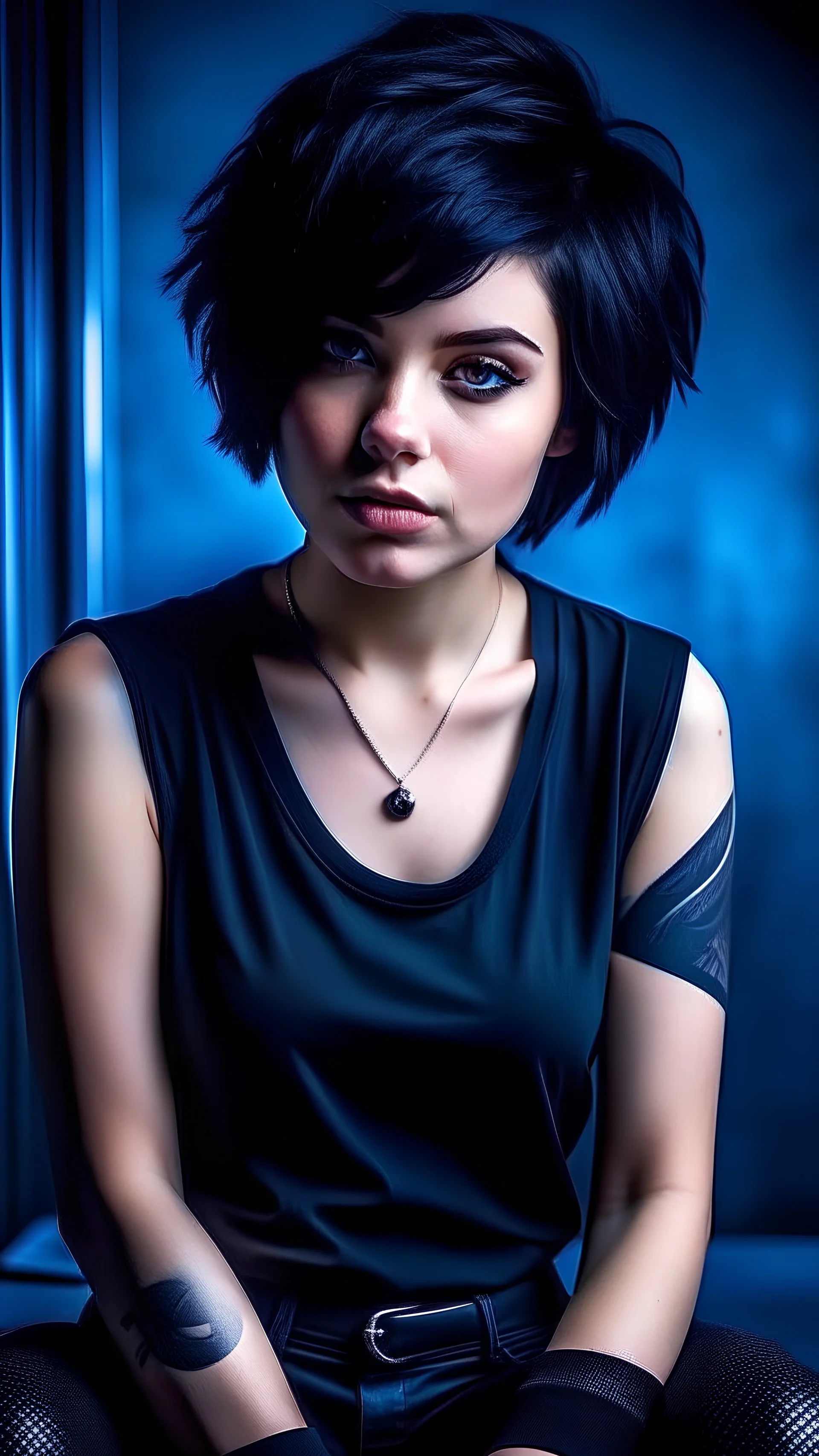 hyper-real photo of a beautiful girl, short straight haircut with messy tips, doomer girl, kneeling pose, tini black choker, black hair, white skin, perfect body, black tight one sleeve top , slightly wavy hair, black eyes, black short, Caucasian, white skin, blushed