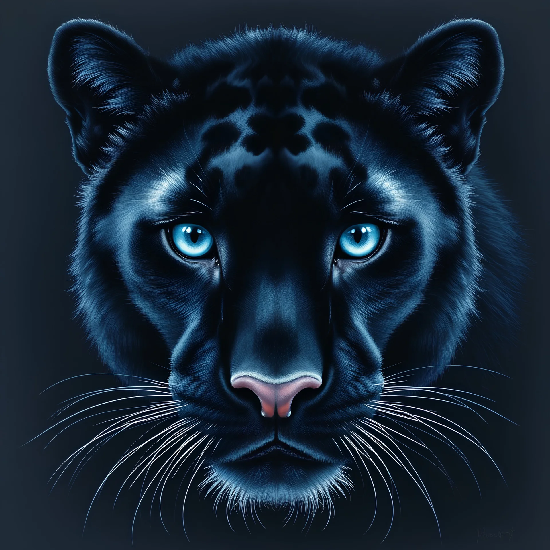 Pastel drawing, furry black panther, blue eyes, dark background, ultra hd, realistic, vivid colors, highly detailed, UHD drawing, pen and ink, perfect composition, beautiful detailed intricate insanely detailed octane render trending on artstation, 8k artistic photography, photorealistic concept art, soft natural volumetric cinematic perfect light