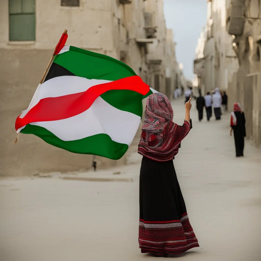 A very beautiful girl carrying a large Palestinian flag in her hands and waving it while wearing a keffiyeh and an embroidered Palestinian dress.