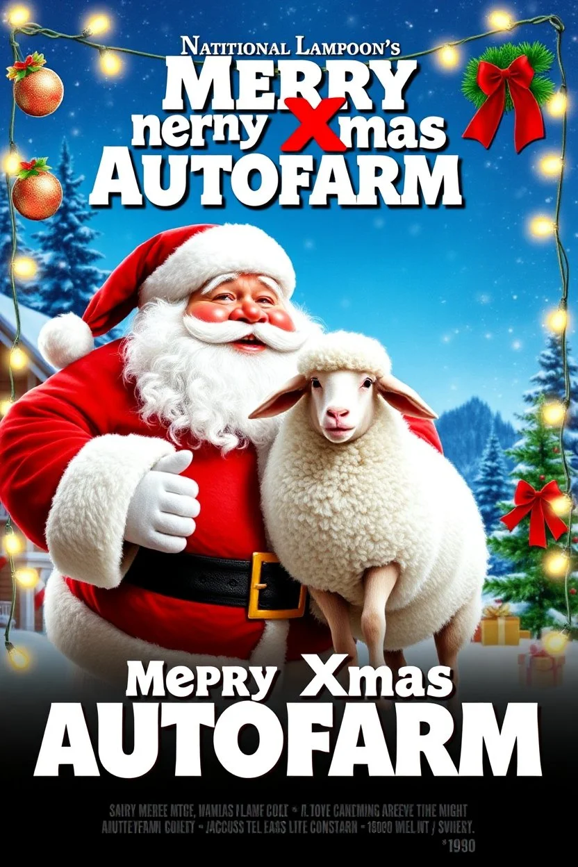 Create a whimsical 1990s-style movie poster featuring a jolly, rotund Santa humorously merged with a fluffy sheep. Capture the playful spirit of 'National Lampoon's Christmas Vacation.' Display 'Merry Xmas Autofarm' prominently in festive, bold letters, framed by twinkling lights and classic Christmas motifs. Use bright, nostalgic colors and playful design elements to evoke retro holiday magic and comedic fun