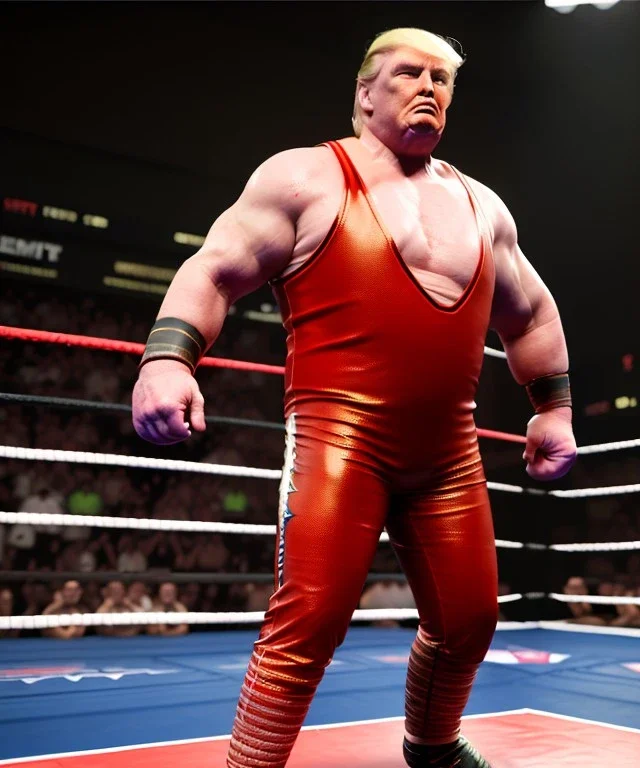 Wrestler Donald trump, wrestling, sweat, blood, red breeches, suspenders, retro style, 80s, hot ambient, photo studio, vibrant color, gradient, highly detailed, art stations, concept art, smooth, unreal engine 5, god rays, ray tracing, RTX, lumen lighting, ultra detail, volumetric lighting, 3d, finely drawn, high definition, high resolution.