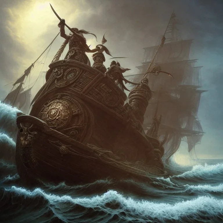 a pirate warrior on his ship, a highly detailed illustration, background of giant crashing ocean waves, realistic render, 8 k, micro detail, intricate, elegant, centered, digital painting, Artstation, smooth, sharp focus, illustration, artgerm, tomasz alen kopera, peter mohrbacher, donato giancola, joseph christian leyendecker, wlop, boris vallejo