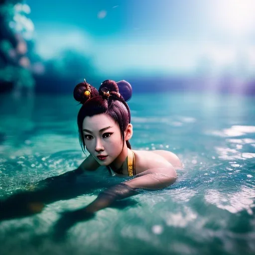 Chun-li underwater with yellow flowers for hair, closed eyes, rtx, reflection, 8k, glow, winning photography, caustics