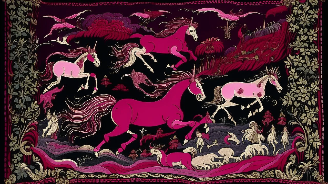 A dark magenta magical domain with winged unicorns designed in Bayeux tapestry painted by Giovanni Battista Sassi