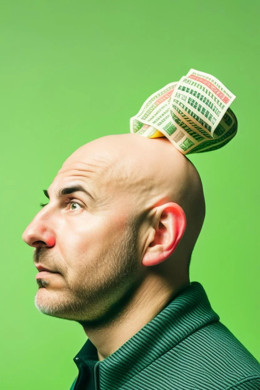 bald man with inflatable money through head downgrade