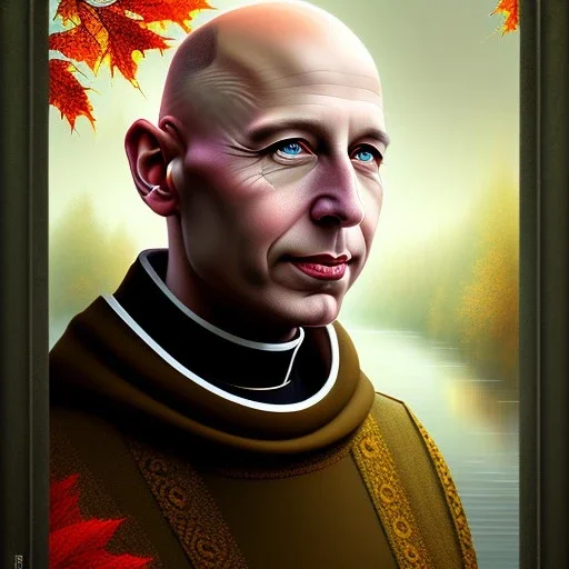 fantasy art, book illustration,portrait of a realistic bald priest by a dam ,autumn water, colorful, evening
