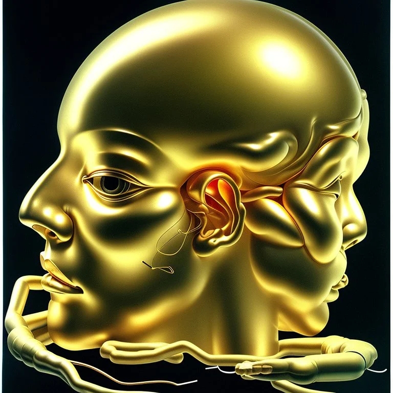 a huge golden inflated sculpture of brain supported by very small beautiful Asian female human bodies,complex surgical instruments,a newborn boy between light and shadow, black background,surrealism, symbolism, minimalism, sculpture by Lucian Freud, Rene Magritte, Salvador Dali