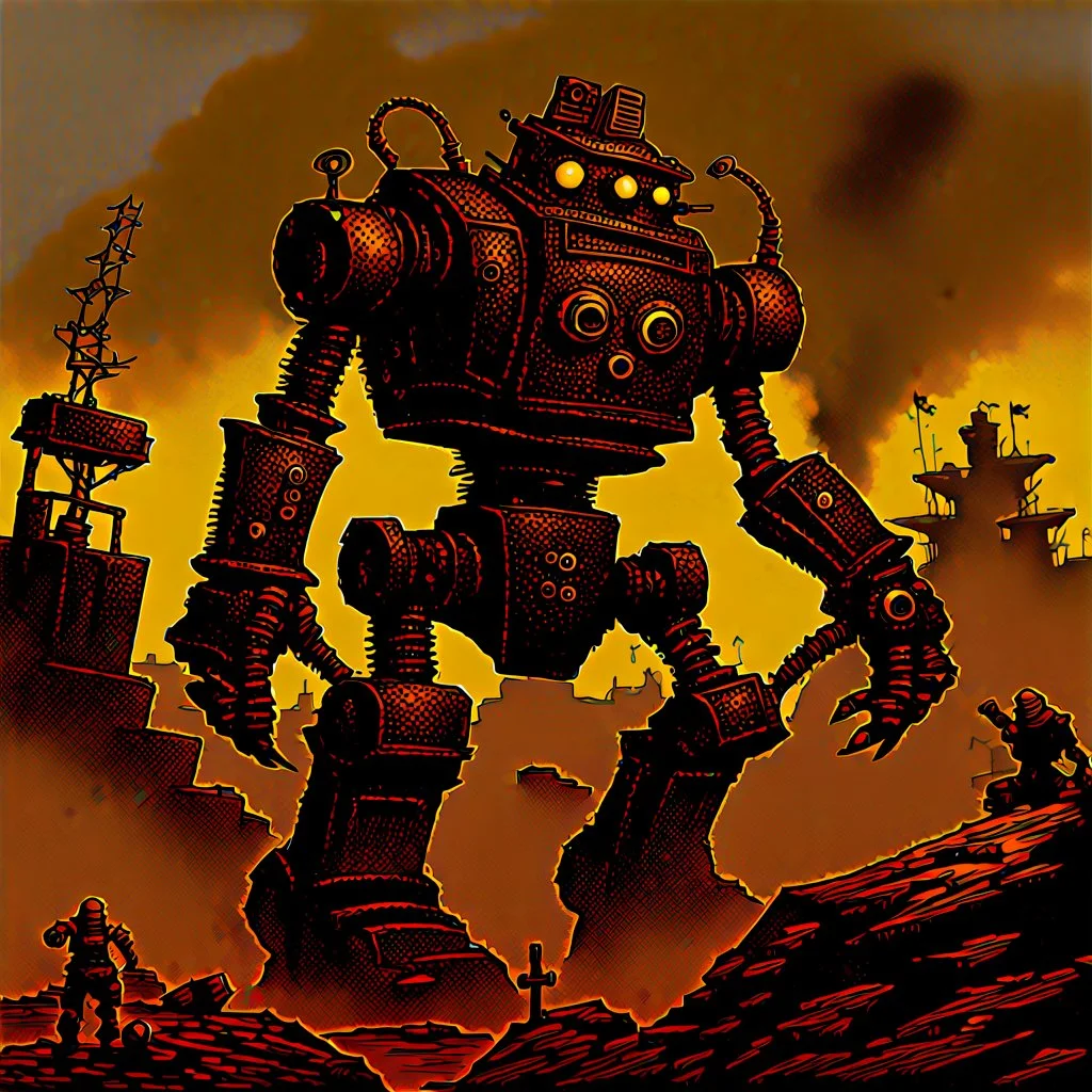 90's TCG art retro fantasy art of scrap robot monster post apocalyptic