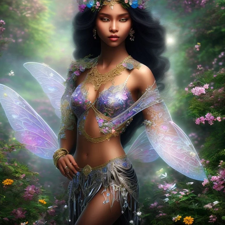 black skin fairy, beautiful portrait, flowery landscape