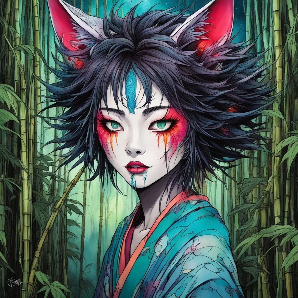 full color front facing portrait of a Bakeneko woman with highly detailed hair and slim, narrow facial features, in a haunted mountain bamboo forest, pierced by shafts of moonlight , danger lurks everywhere but she is undeterred and resolute in her purpose, art in the style of Alex Pardee, spirited away, studio ghibli, , 8k , finely detailed and precise line work, soft natural Spring colors