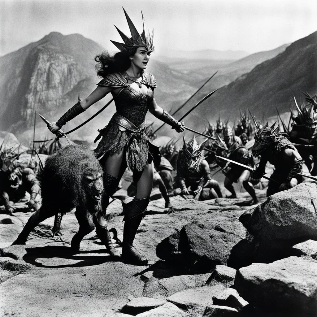 [high res photo by Ray Harryhausen] Her many enemies have vowed to burn her at the stake if she ever falls into their vengeful hands. She has slain so many of their kinsmen. The hills are crawling with her foes eager to take her alive for the fire. Traps have been set for her, and her risk of capture are high. Yet this brave young warrior has no fear of any foe and welcomes the opportunity to slay even more enemies.