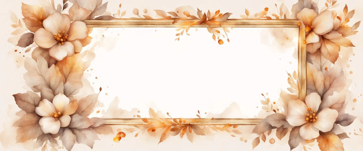 Hyper Realistic Beige small-watercolor-Floral-Frame With Glowing Golden Embers On Off-White Grunge Background.