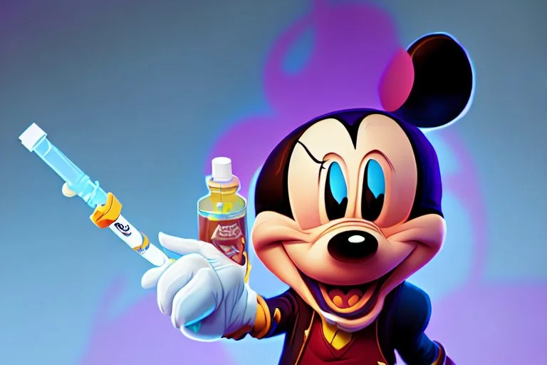 Mickey Mouse getting high with a syringe.