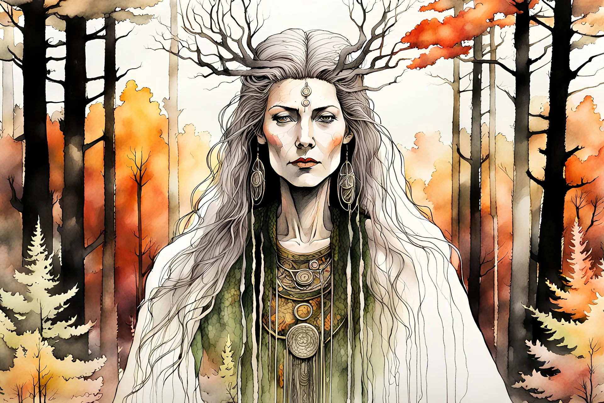 create an abstract expressionist ink wash and watercolor full body portrait of a pale female tribal druid priestess, with highly detailed, delicate feminine facial features, inhabiting an ethereal Northern forest of ancient hemlocks, in the comic book style of Jean Giraud Moebius, David Hoskins, and Enki Bilal, precisely drawn, boldly inked, with vibrant autumn forest colors