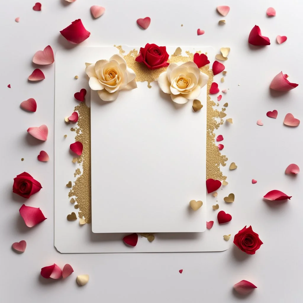 A photo of a white card, 5.5 by 4.25 inches. The card is vertically positioned on a beautiful white surface, positioned between rose petals and litte golden hearts.