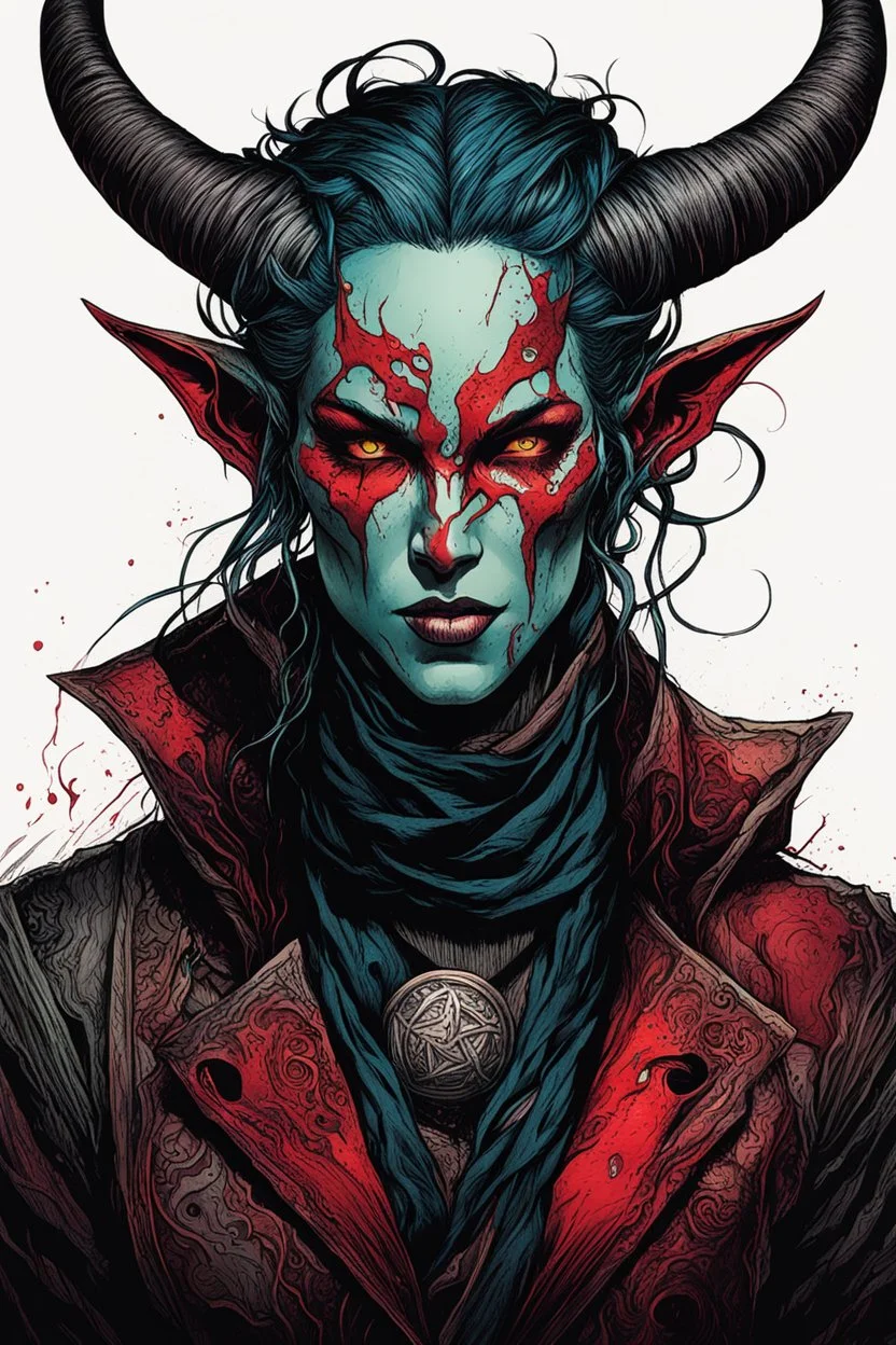 highly detailed color woodcut concept illustration of a world weary, female stealthy rogue Tiefling fantasy character , maximalist, sharp focus, highest resolution, in the styles of Alex Pardee, Denis Forkas , Bill Sienkiewicz, and Masahiro Ito, boldly inked, 8k, coarse, gritty textures