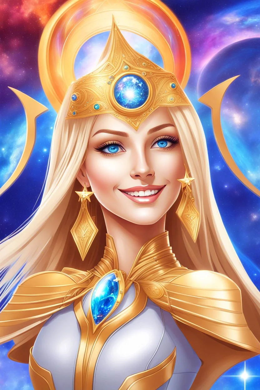 cosmic woman smile, admiral from the future, one fine whole face, crystalline skin, expressive blue eyes,rainbow, smiling lips, very nice smile, costume pleiadian, Beautiful tall woman pleiadian Galactic commander, ship, perfect datailed golden galactic suit, high rank, long blond hair, hand whit five perfect detailed finger, amazing big blue eyes, smilling mouth, high drfinition lips, cosmic happiness, bright colors, blue, pink, gold, jewels, realist, high commander