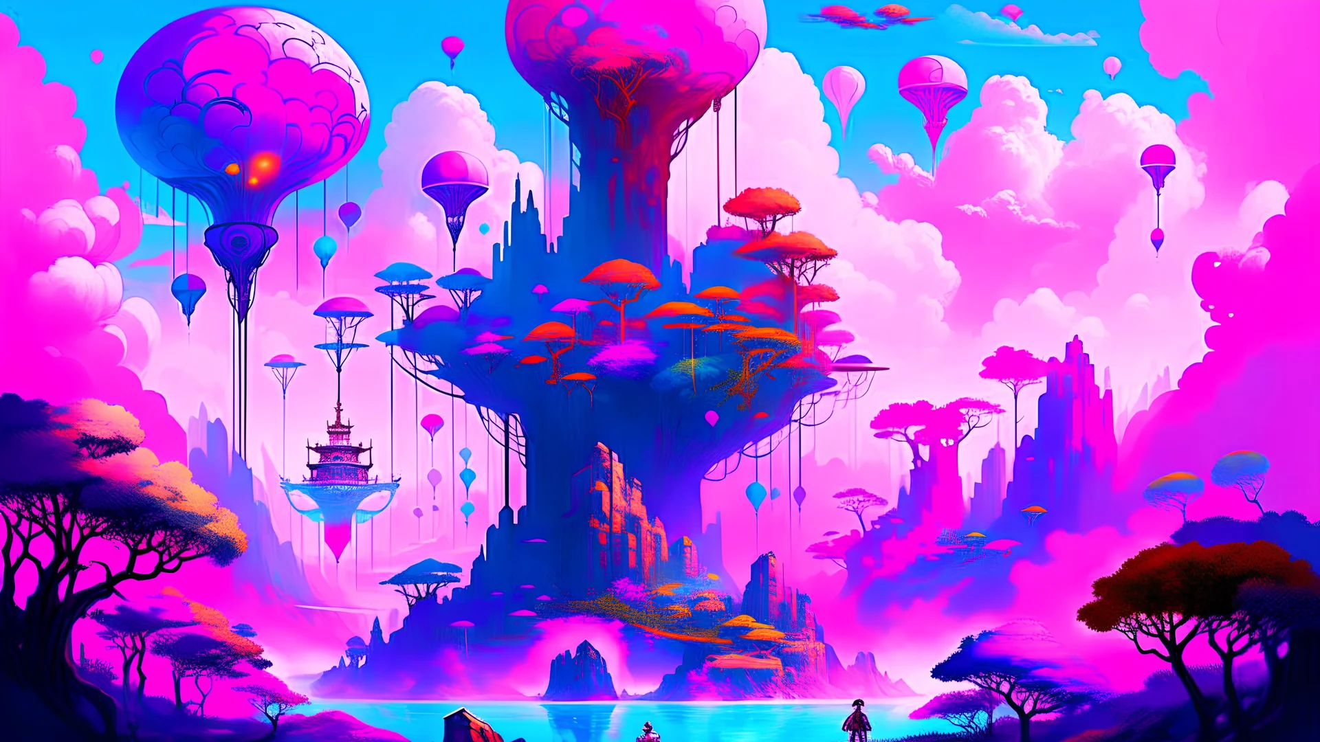 Envision a mesmerizing scene of a magnificent realm of romantic dreams. The environment filled with intricate floating islands, fluffy clouds, waterfalls cascading from the floating islands, and a vibrant, surreal atmosphere. The atmosphere filled with a sense of wonder and tranquility. Include many shades of pink in the image along with other vibrant jewel-toned hues. This scene will be depicted in an anime-style illustration, with soft lines, pastel colors, and a whimsical touch. All buildin