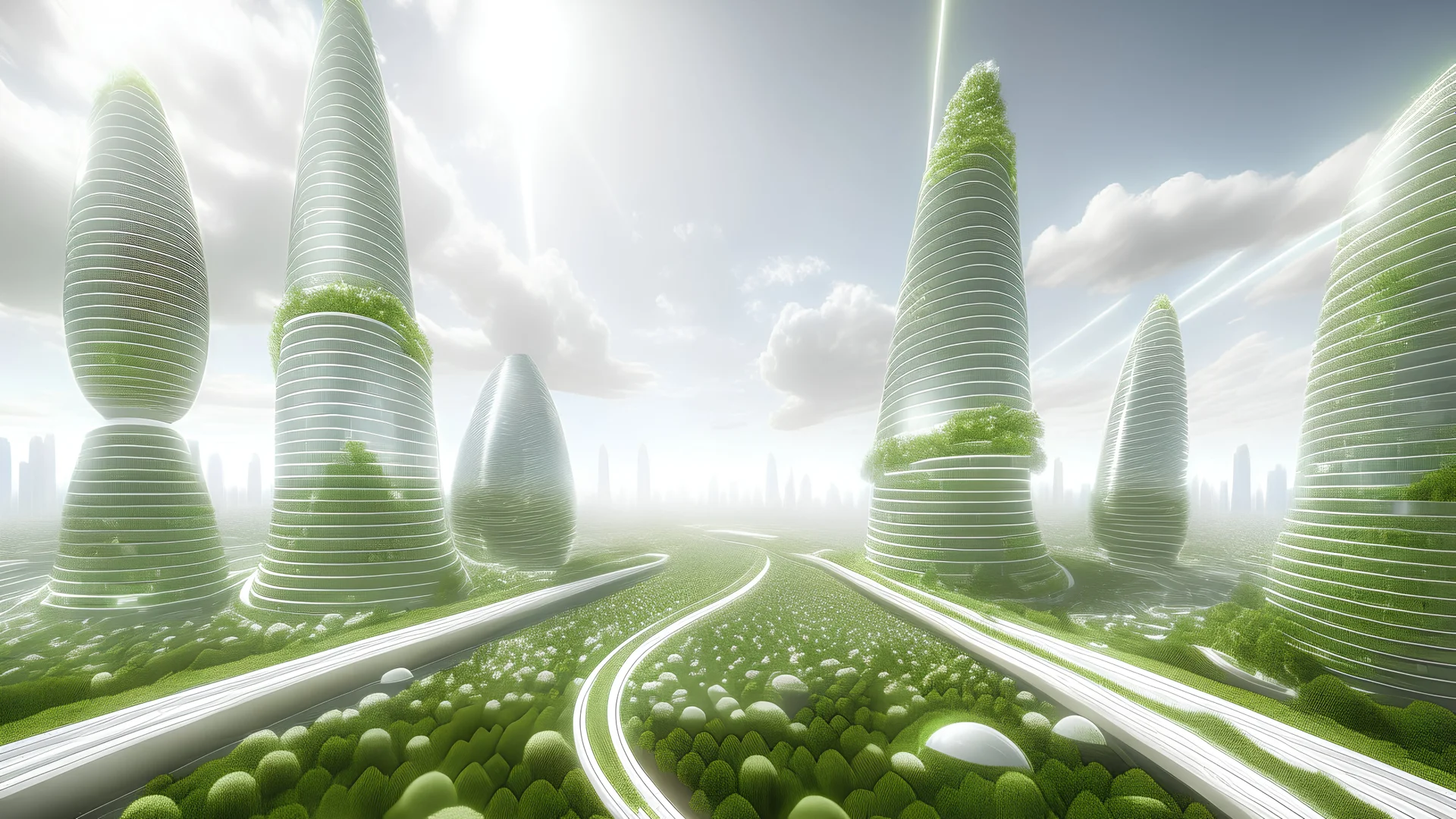 Visual representation of an advanced, eco-friendly city with green spaces, sustainable buildings, and renewable energy sources, conveying a futuristic and harmonious urban landscape.