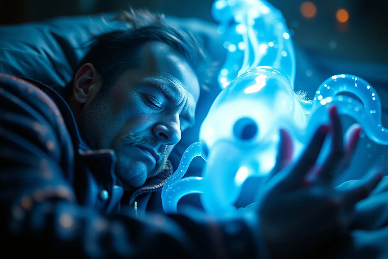 magician sleeping too close to a wild magic vampire squid containing plasma in the style of tron movies , bokeh like f/0.8, tilt-shift lens 8k, high detail, smooth render, down-light, unreal engine, prize winning