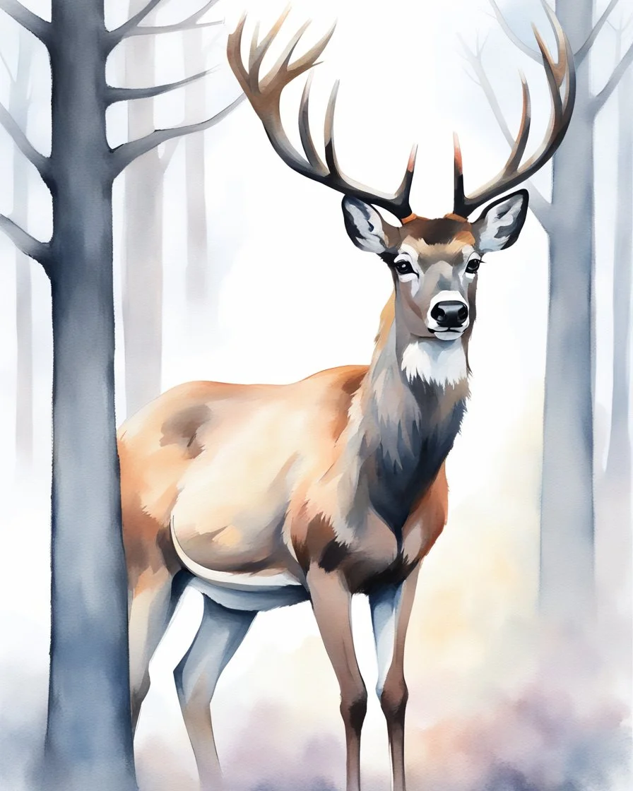 deer with antlers standing sideways, looking at viewer, realistic water color painted, among light colored tall simplified tree trunks, foggy, pastels, colorful, dark background