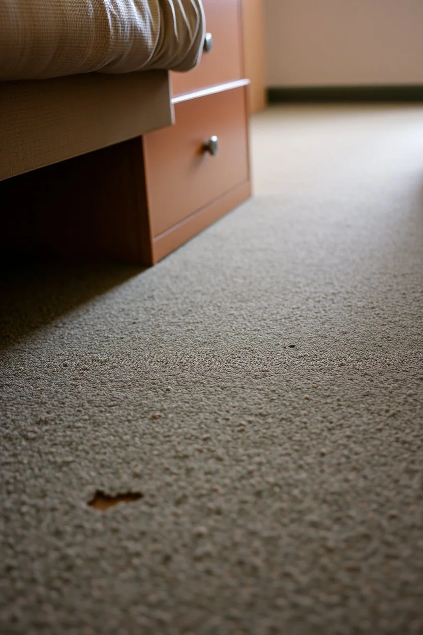closeup of cheap motel room floor, barely visible furniture dents in carpet, showing where furniture had been moved from