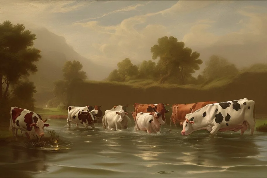 cows swimming in deep water by Correggio