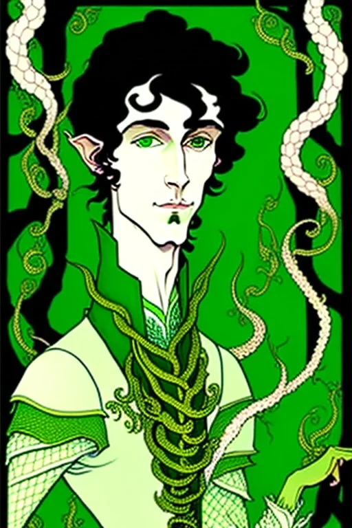 young half-Elf nobleman with green thumbs and 2 vine-like tentacles with black hair and green eyes and green thumbs with claws in the style of Aubrey Beardsley