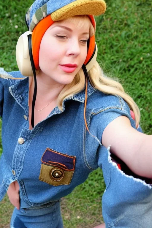 blonde taking selfie.thick thighs,thick calves,flat belly,curvy fell. Mantle is sewed of upcycled Denim and it is sewed together of camouflage pieces, whose color are all denim colors, orange, cream and purple. Big colored headphones (gold rings!) is merged with small felt cap with small visor. It is with big bright purple felt tippet and birght-colored-hood is merged with colorful beanie. Style: Haute Couture, 1980's Finland, N.Y.C fashion in 2023