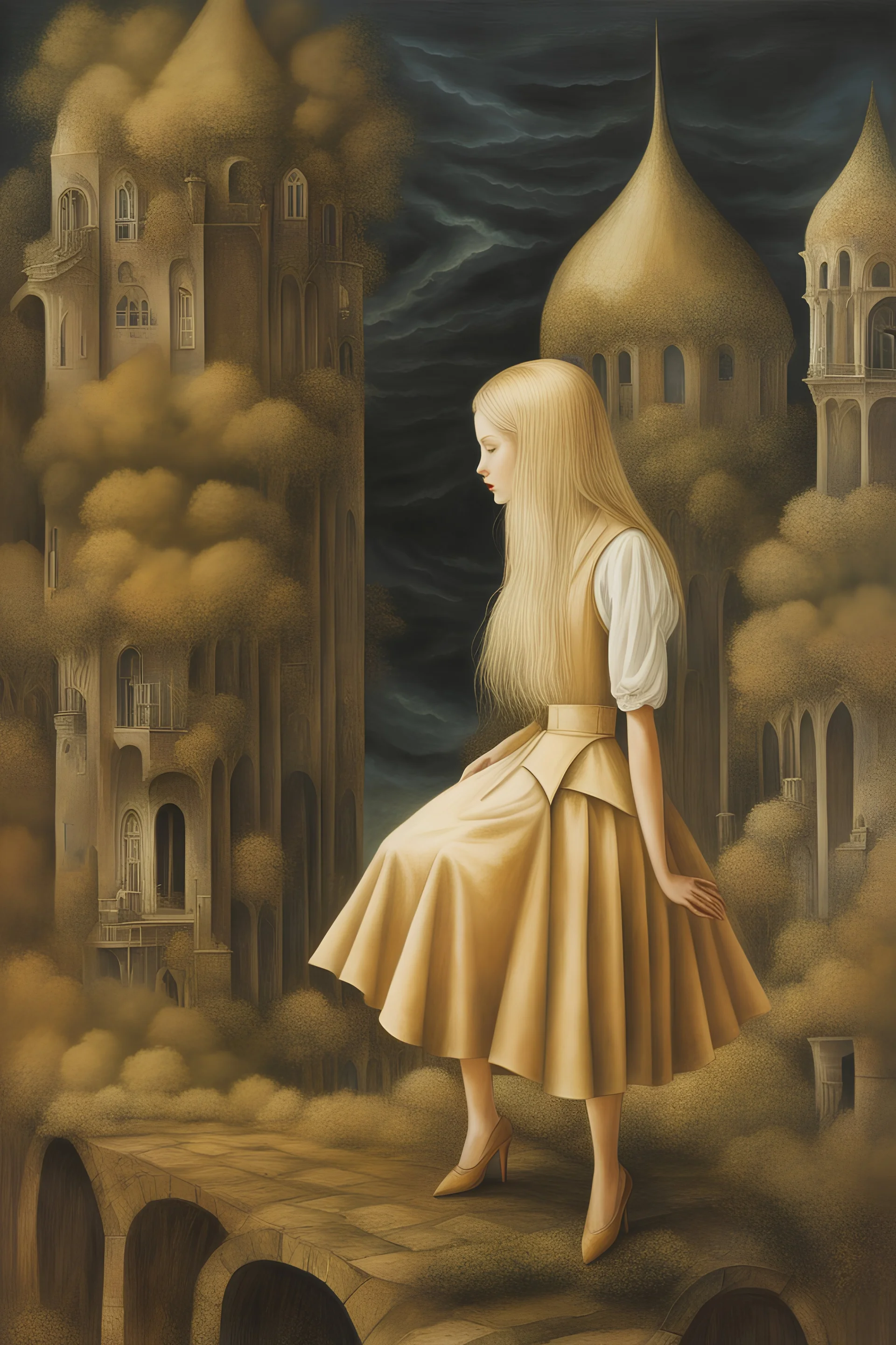 Remedios Varo, Joyce Mercer, Mysterious Surreal Fantastic Fantasy Sci-fi, Japanese Anime, Abundant Chaos, Horrible Madness, Unbearable Ordinary, Blonde Miniskirt Beautiful Girl Alice, perfect voluminous body, detailed masterpiece