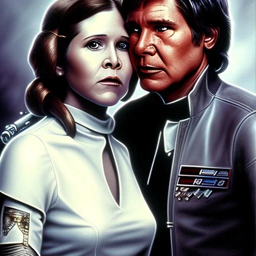 carrie fisher embracing harrison ford, waist up portrait, intricate, oil on canvas, masterpiece, expert, insanely detailed, 4k resolution, cinematic smooth, intricate detail , soft smooth lighting, soft pastel colors,