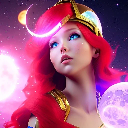 Galaxy teenage girl with red hair who is dressed like a space witch casting a lunar ritual, girl has starry skin, background is realistic space renditions, rendered, unity 3d, unreal engine, dslr, hdr, 4k, edited, photorealistic