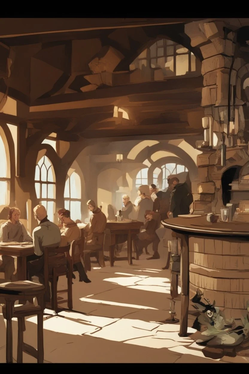 interior of a dnd tavern with people at round tables