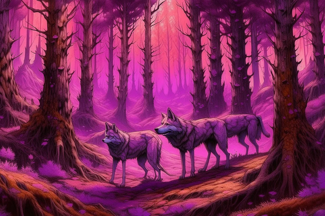 A purple forest with wolves painted by Zosan
